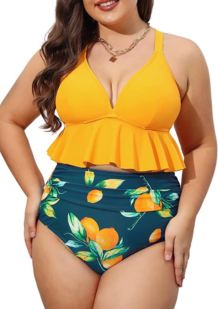 CUPSHE Women Swimsuit Plus Size Bikini Set Two Piece Bathing Suit V Neck High Waisted Flowy Ruffl... | Amazon (US)
