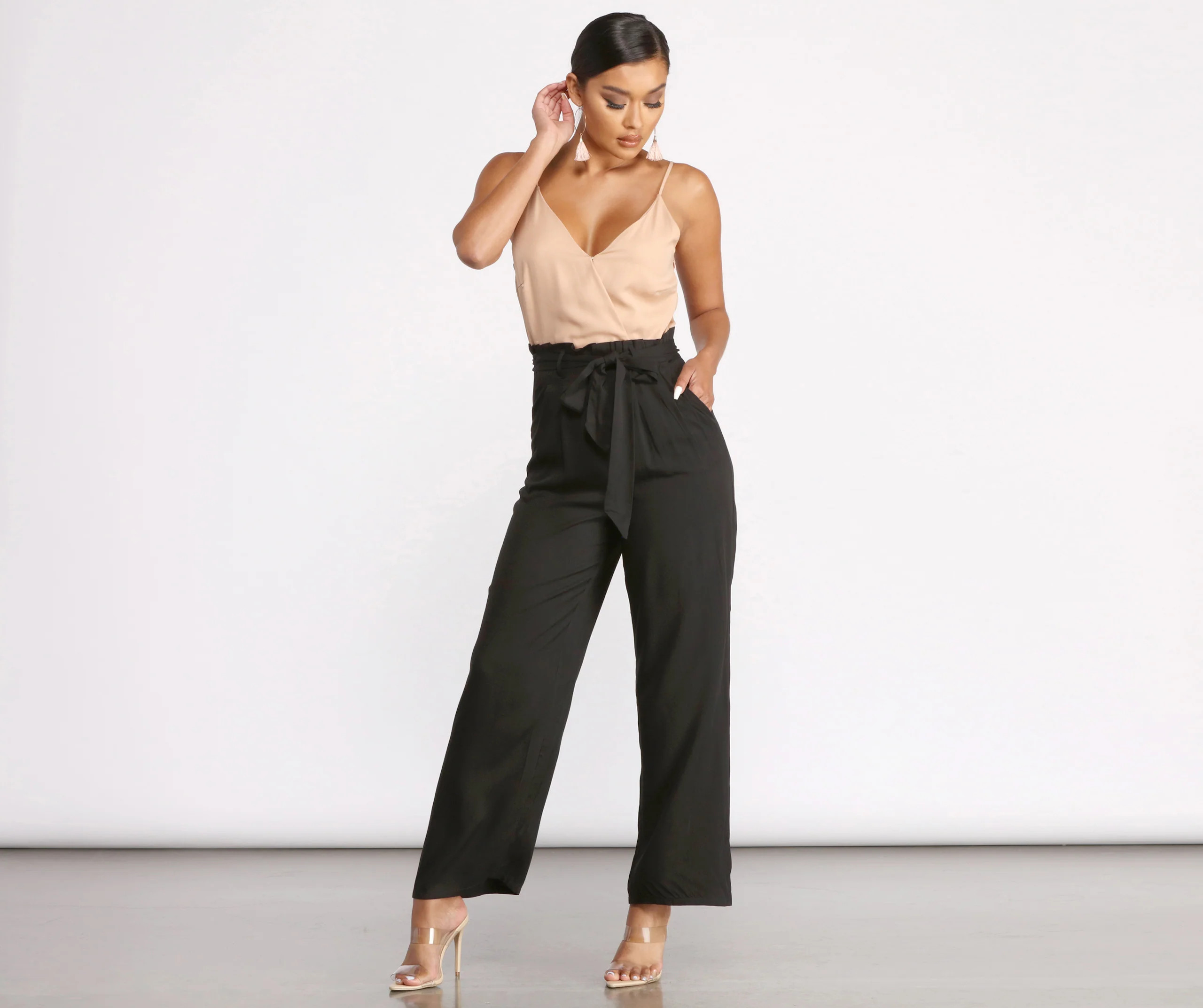 Two Tone Sleeveless V-Neck Paperbag Jumpsuit | Windsor Stores