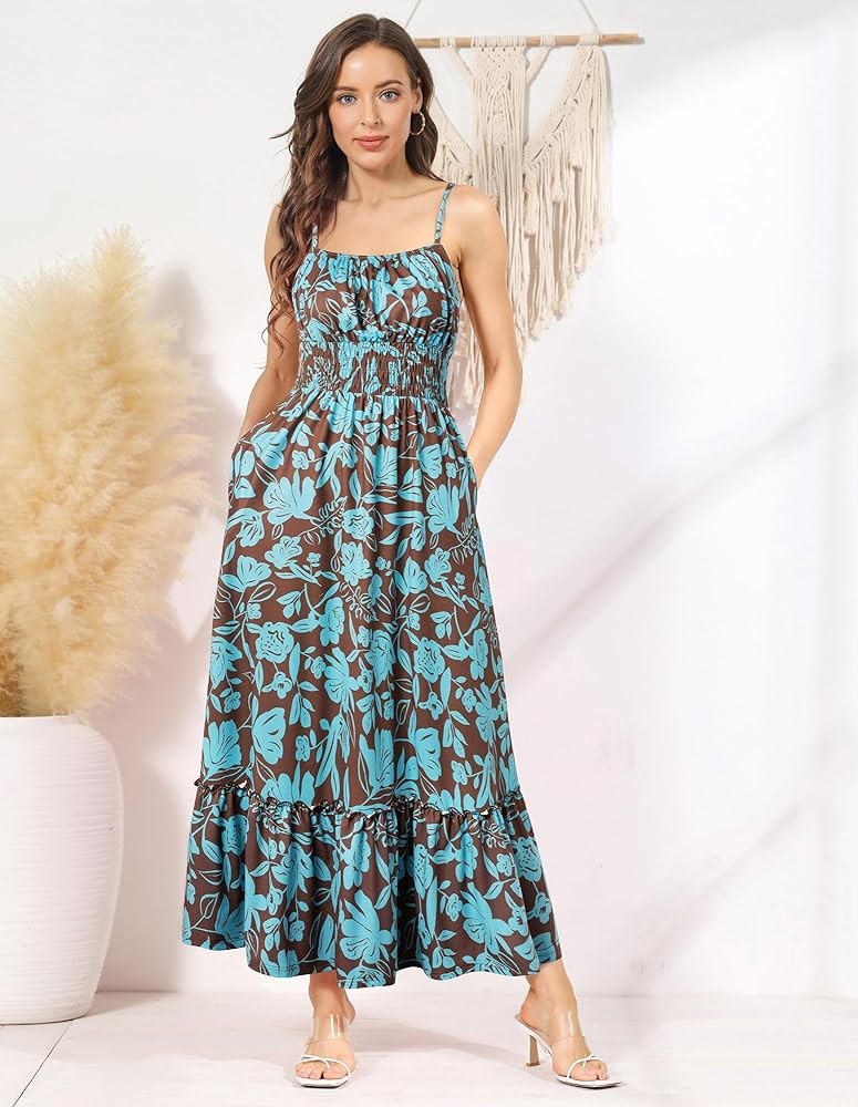 GRACE KARIN Summer Dresses for Women 2026 Vacation,Smocked Floral Maxi Dress,Boho Beach Sundress ... | Amazon (US)