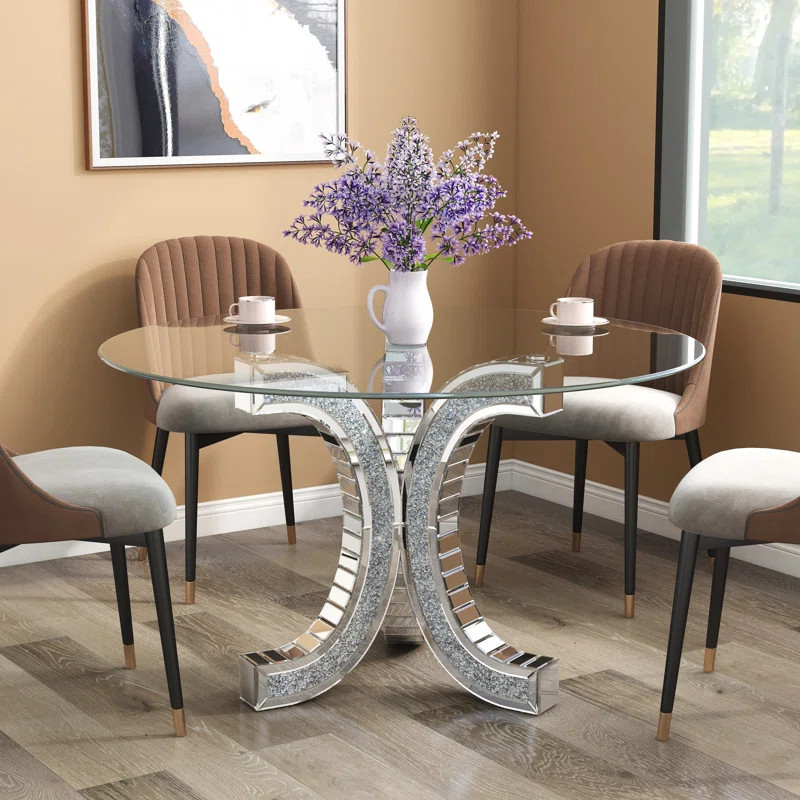 Douty 52'' Mirror Glass Pedestal Dining Table with Tempered Glass Tabletop | Wayfair North America