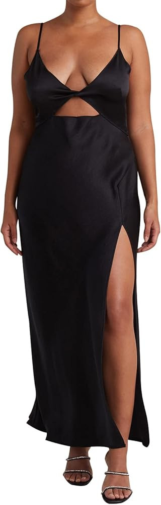 Women's Satin Long Cami Dress Elegant V Neck Spaghetti Strap Hollow Backless Dress Casual Sexy Co... | Amazon (US)