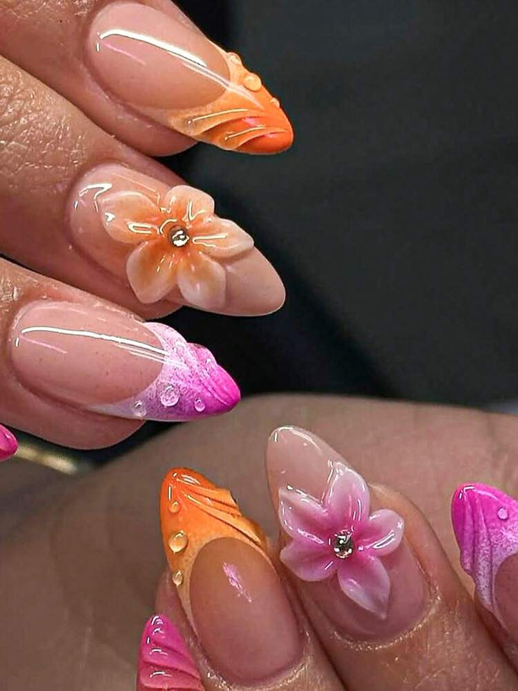 £4.47£6.68-33%10 Pieces Of Almond-Shaped Fake Nails, With Diamond Embellishments On The Flower ... | SHEIN