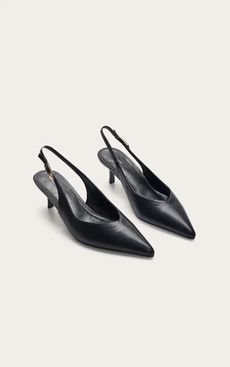 Heels | Black V Cut Sling Back Low Heeled Courts | PrettyLittleThing | PrettyLittleThing UK