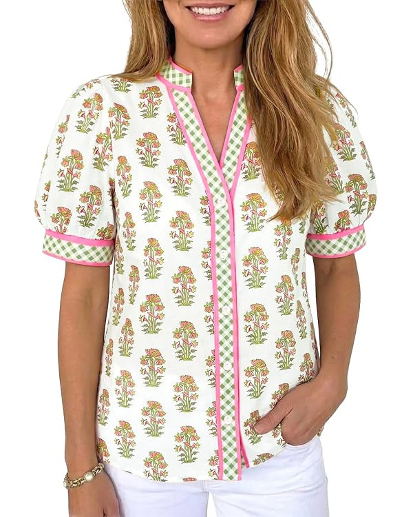 Tankaneo Womens Puff Sleeve Button Down Shirts Floral Summer Casual V Neck Boho Tops Color Block ... | Amazon (US)