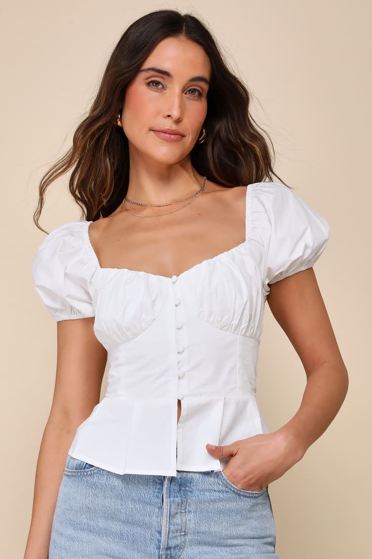 Admirable Poise White Button-Up Puff Sleeve Peplum Top | Lulus