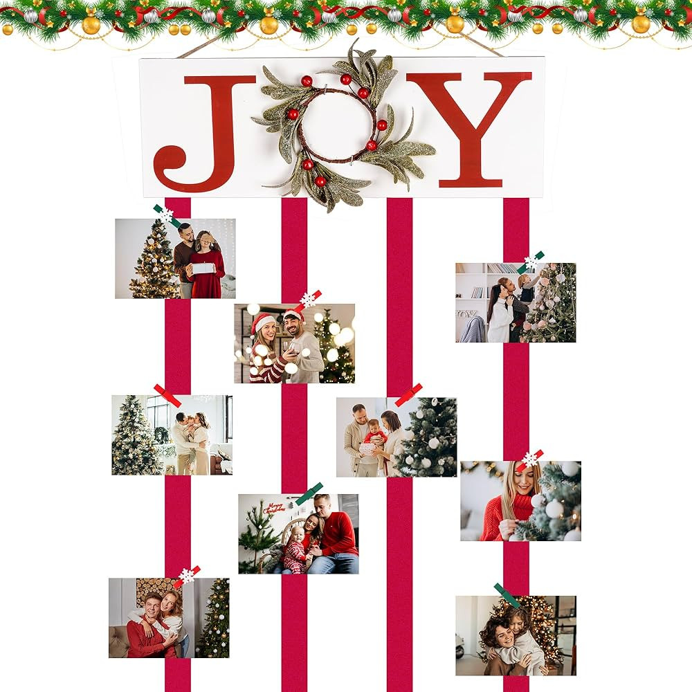 Christmas Card Holder Display, Wooden Xmas Hanging Picture Holder with 30 Photo Clips, Merry Litt... | Amazon (US)