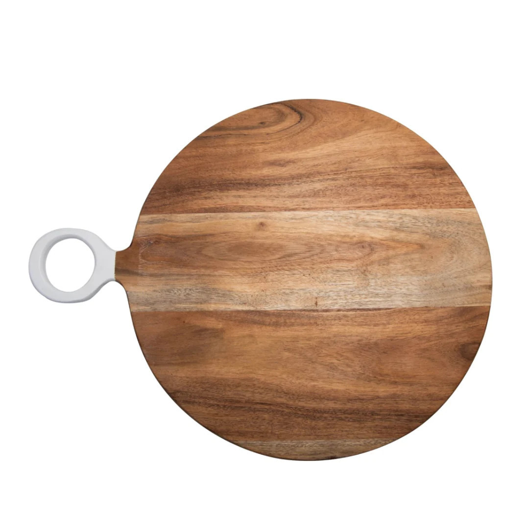 Acacia Wood Round Cutting Board with White Handle | Megan Molten
