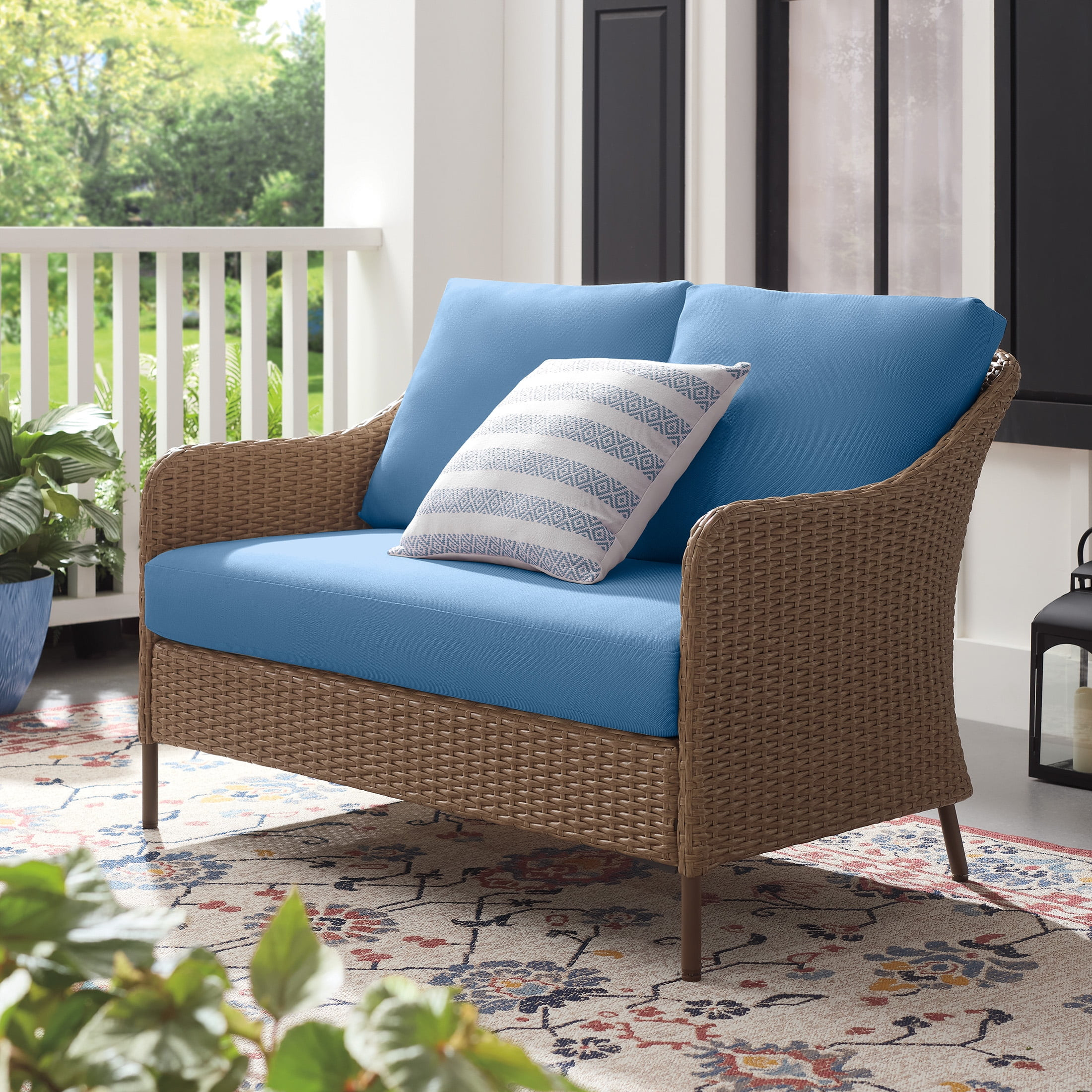 Mainstays Chelsea Outdoor Patio Loveseat with Blue Cushions | Walmart (US)