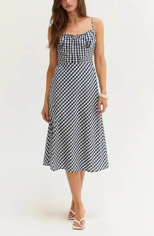 CRESCENT Gingham Slip Midi Dress in Navy at Nordstrom, Size Medium | Nordstrom