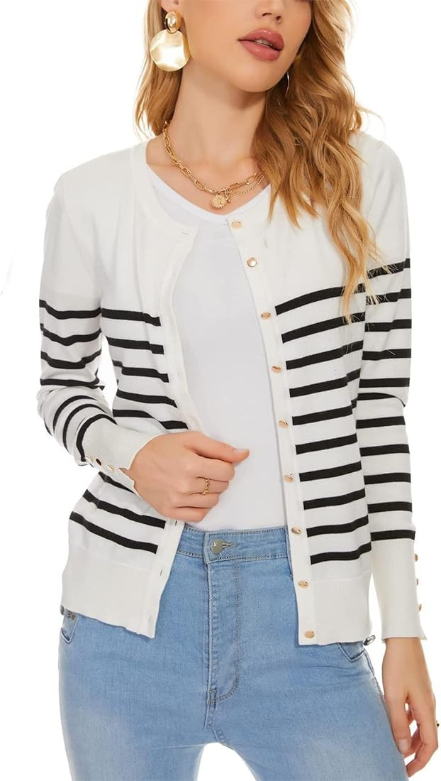 Spicy Sandia Women's Button Down Crew Neck Sweater Lightweight Knit Cardigan Striped with Ribbed ... | Amazon (US)