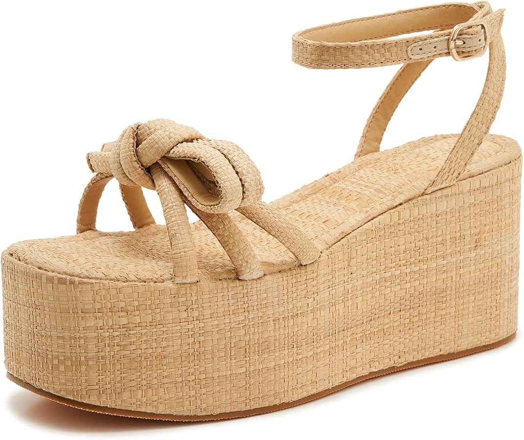 Women's Raffia Platform Wedge Sandals with Bow Knot, Ankle Strap, Open Toe Summer Vacation Shoes | Amazon (US)