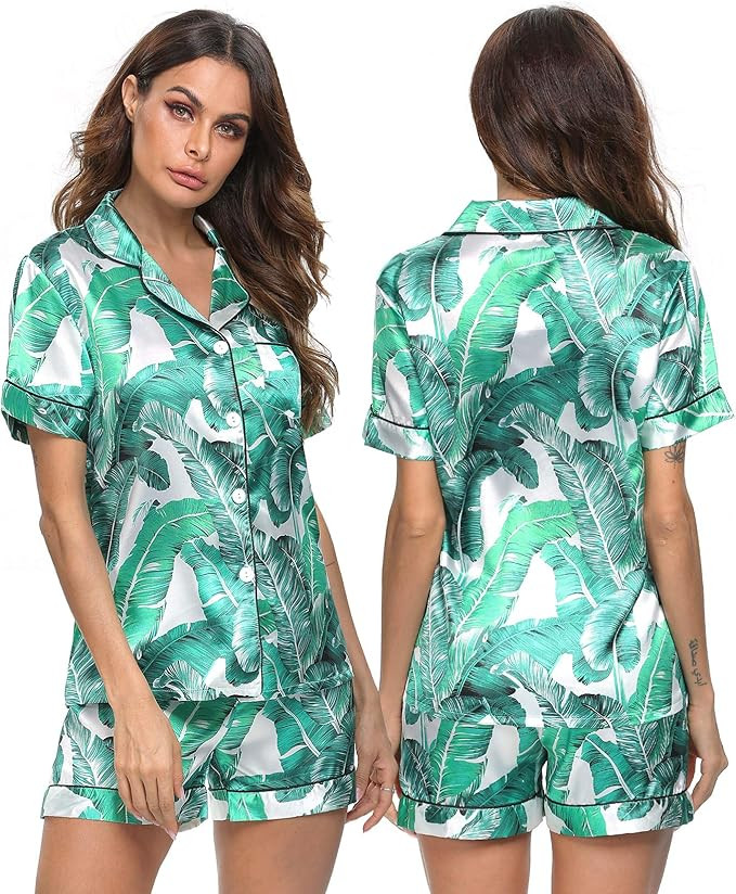 SWOMOG Womens Silk Satin Pajamas Set Two-piece Pj Sets Sleepwear Loungewear Button-Down Pj Sets | Amazon (US)
