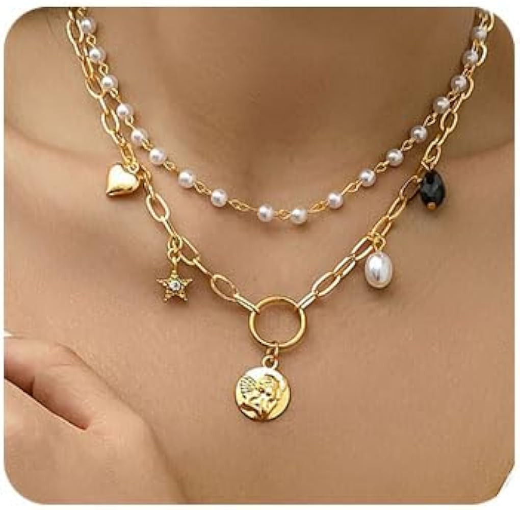 FMR Pearl Layered Necklaces Star Pearl Choker Necklace Gold Paperclip Chain Peach Heart Portrait ... | Amazon (US)