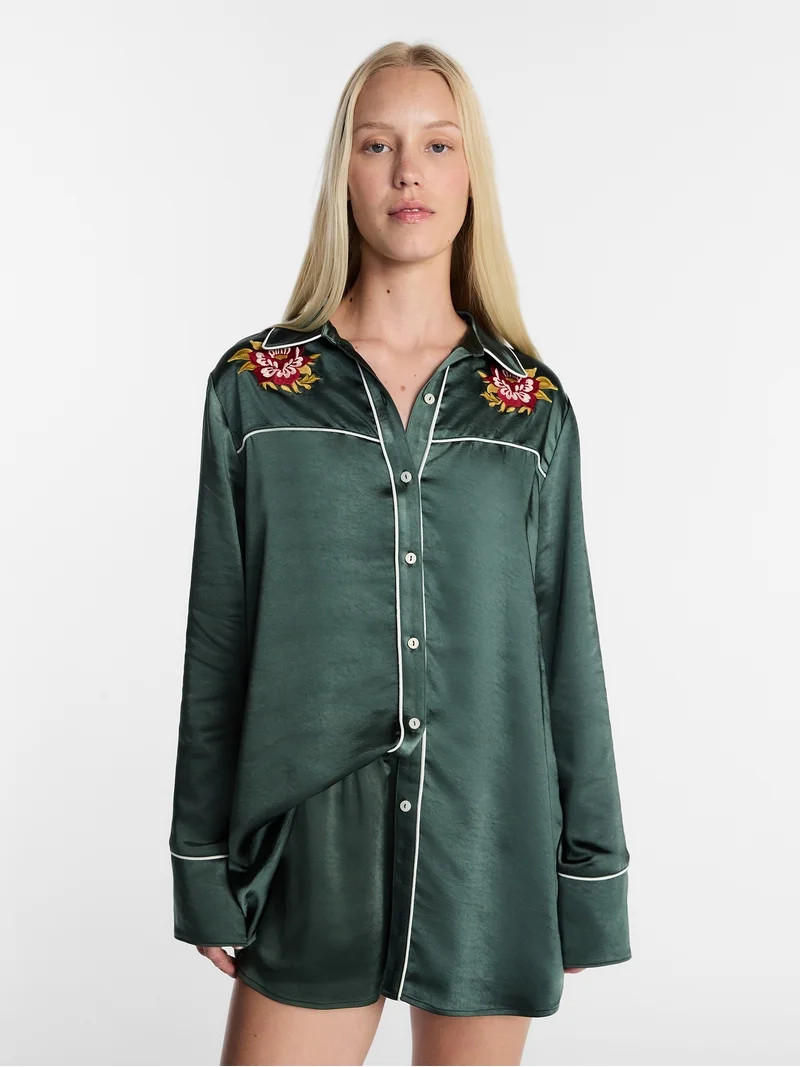 Kacey Lee Women's Satin Sleep Shirt with Long Sleeves, Size XS-XXL | Walmart (US)