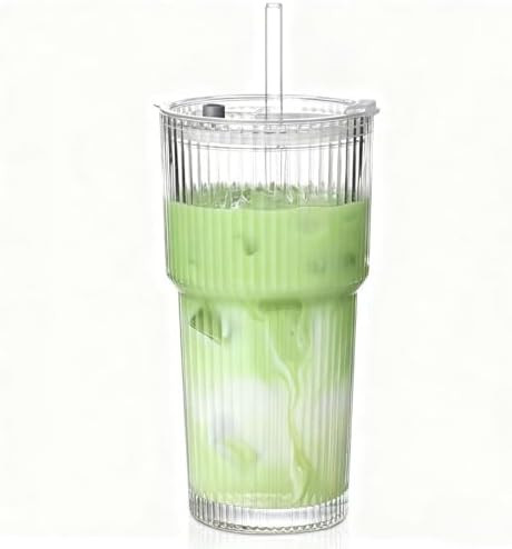20 oz Glass Tumblers, Iced Coffee Cups with Lids and Glass Straws, Thickened Wall Ribbed Glass Cu... | Amazon (US)