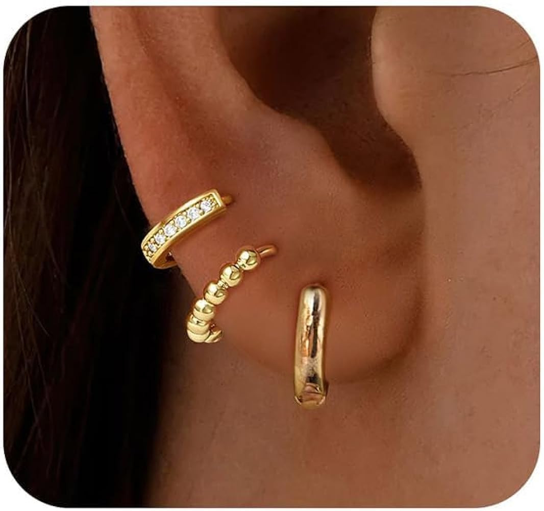 Turandoss Small Gold Hoop Earrings for Women Trendy - 14K Gold Plated Beaded Hoops Hypoallergenic... | Amazon (US)