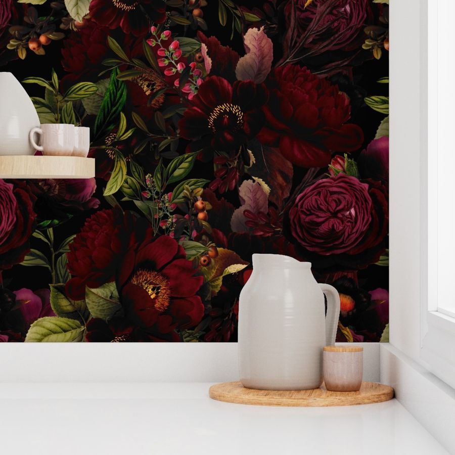 18"  Moody Florals by UtART - Vintage antiqued home decor, antique botany wallpaper,dark roses fa... | Spoonflower