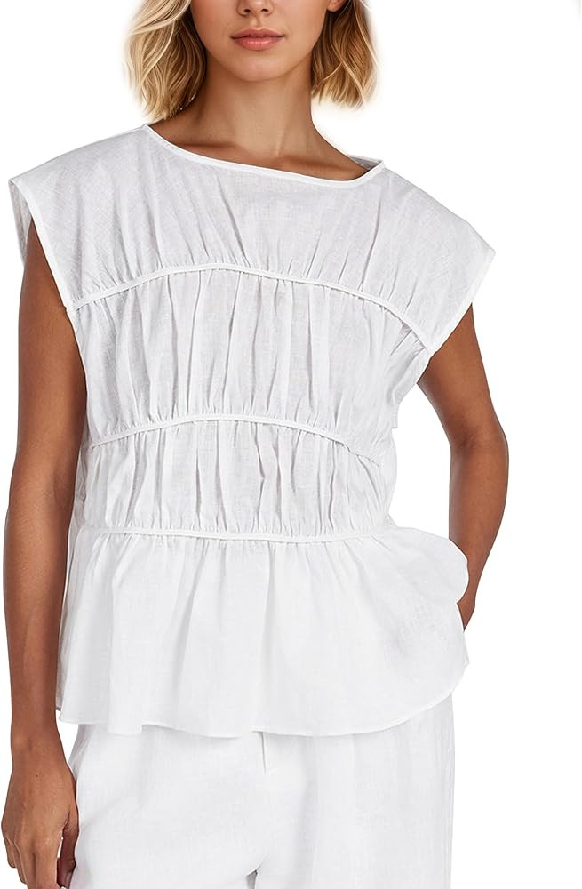 MISSACTIVER Women's Casual Tiered Shirred Tank Top Crew Neck Cap Sleeve Pleated Flared Hem Babydo... | Amazon (US)