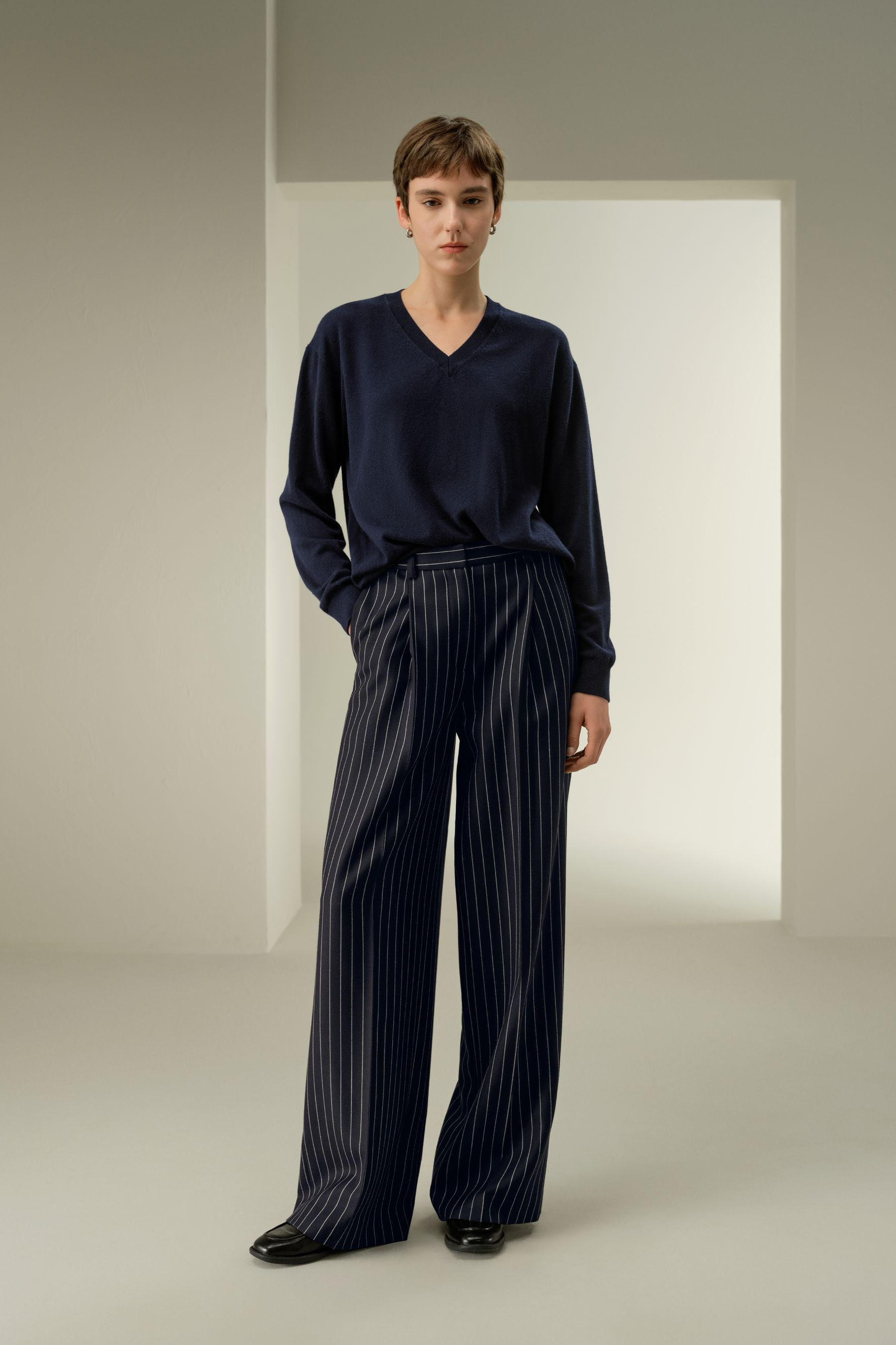 Wool-Blend Wide-Leg Stripe Pants | LilySilk