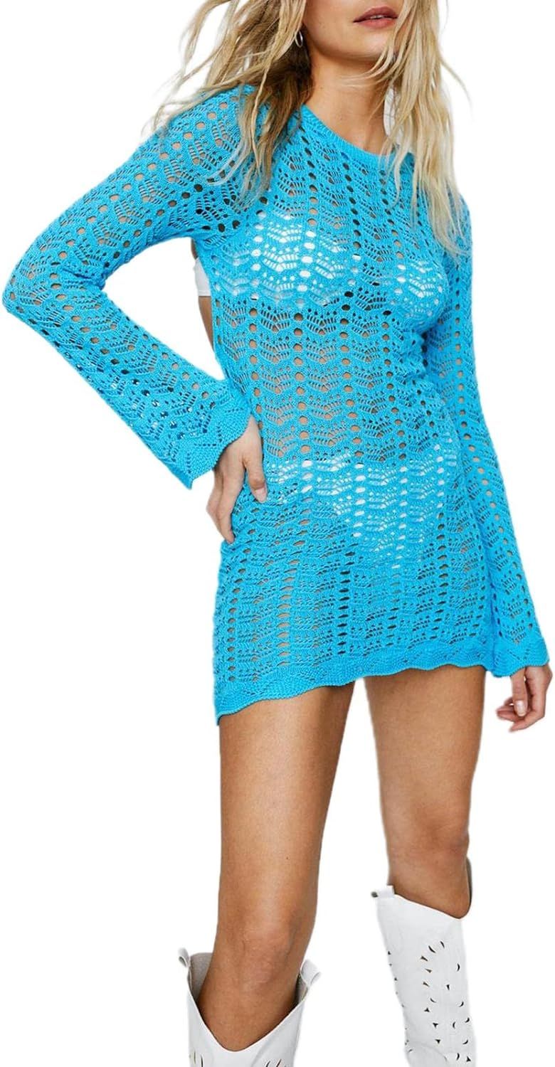 NaranjaBurbuja Womens Sexy Backless Knit Crochet Mini Bodycon Dress Long Sleeve Hollow Out Knitte... | Amazon (US)