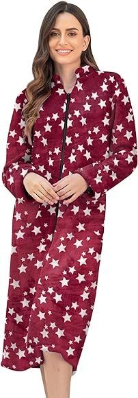 Ekouaer Women's Zip Up Robe Fleece Bathrobe Long Zipper Lounger Warm Housecoat Long Sleeve Nightg... | Amazon (US)