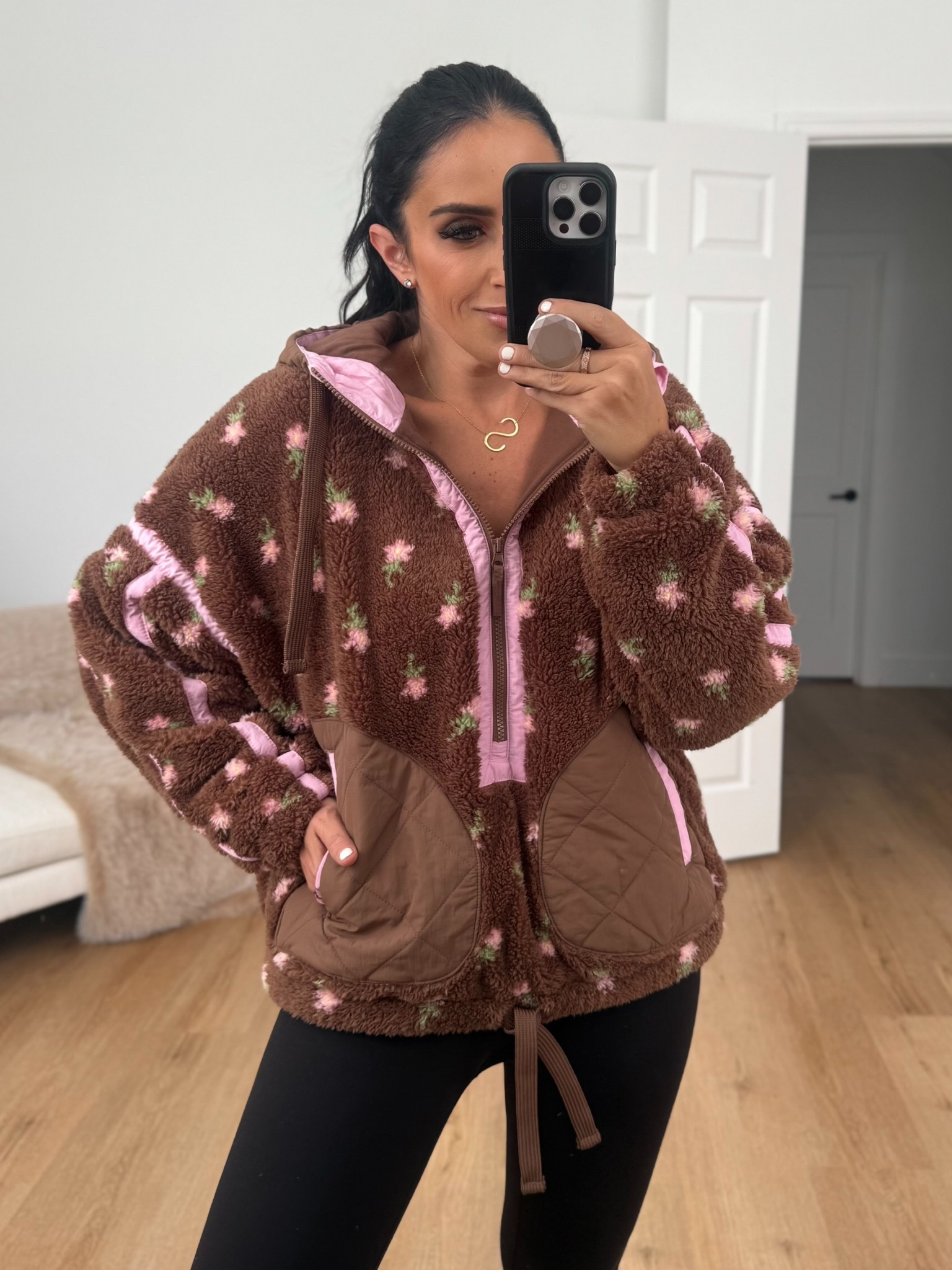 Women's Contrast High Pile 1/2 Zip Jacket wearing size medium 