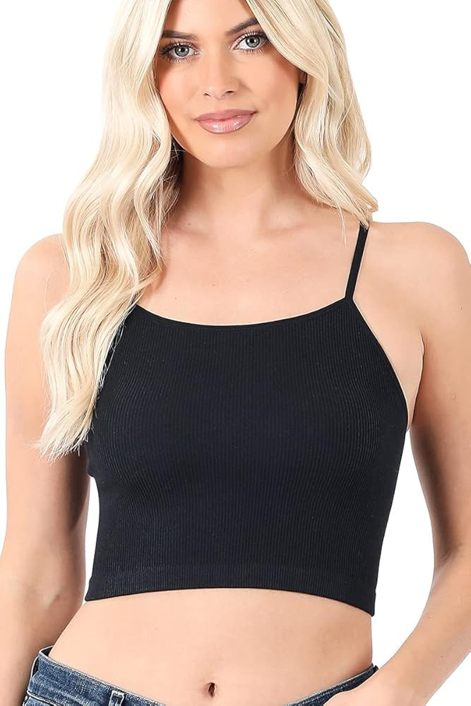 Zenana Ribbed Knit Seamless Spaghetti Strap Cropped Cami & Halter Neck Crop Tank Top | Amazon (US)