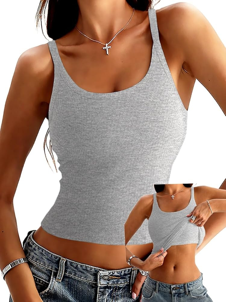 Danysu Women's Tank Tops with Bulit in Bras Scoop Neck Ribbed Fitted Knit Crop Halter Tops Spaghe... | Amazon (US)