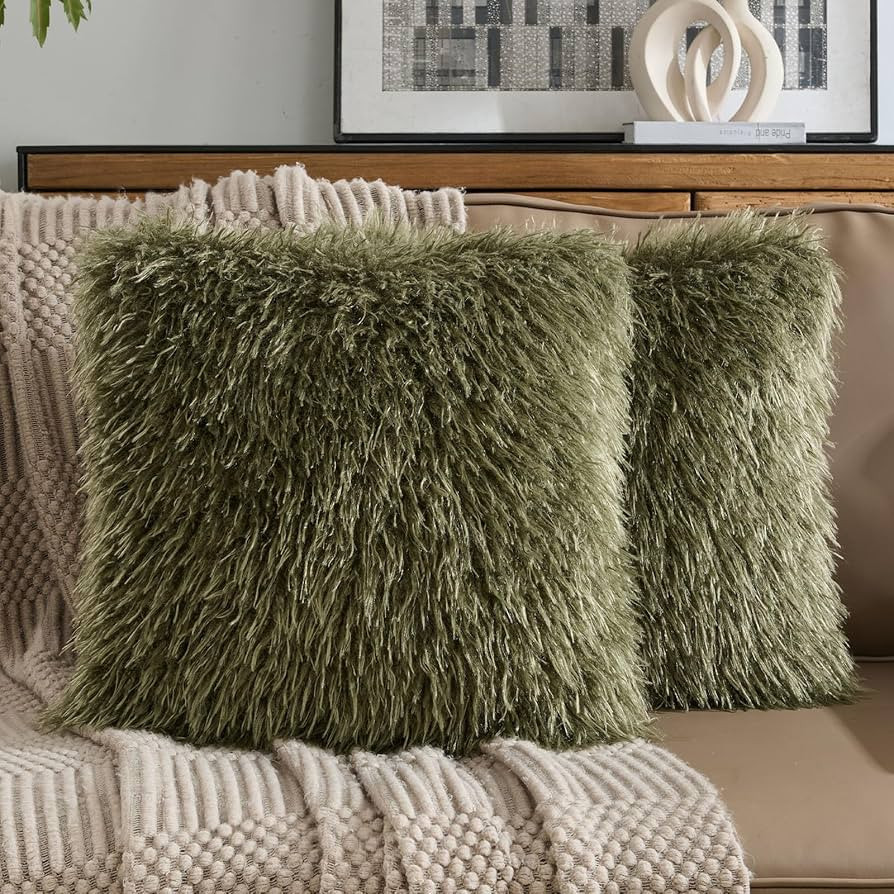 FUTEI Olive Green Decorative Throw Pillow Covers 18x18 Inch Set of 2,Soft Faux Fine Wool Textured... | Amazon (US)