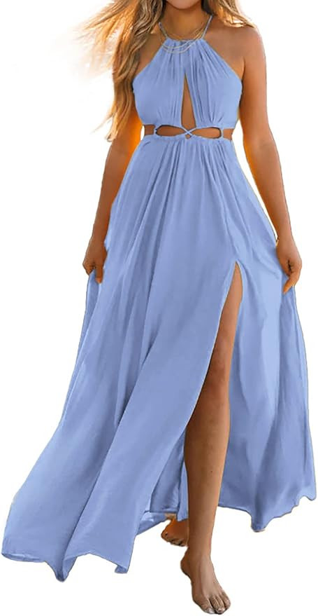 BTFBM Women 2023 Summer Sleeveless Cutout Halter Maxi Dress Backless Boho Casual Beach Party Cock... | Amazon (US)