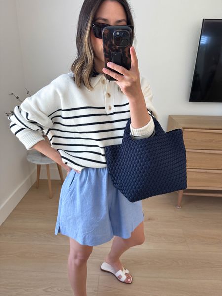 The most perfect striped sweater with a collar. This is the small but it runs oversized. Exchanging for the xs. @nordstrom #ad #nordstrompartner

Mango sweater small
French connection shorts small. Go tts. 
Naghedi mini navy
Hermes sandals 35

#LTKshoecrush #LTKitbag