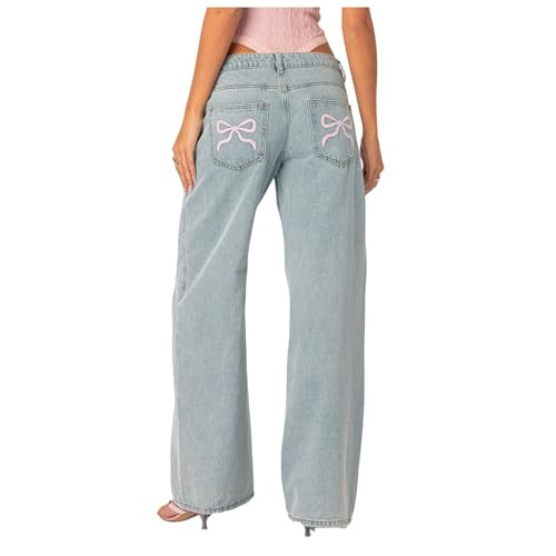 Women's Bow Jeans,Casual Loose Y2k Gothic Punk Wide Leg Long Length Denim Pants Straight Leg Boyfriend Vintage Denim Pants Light Blue | Amazon (US)