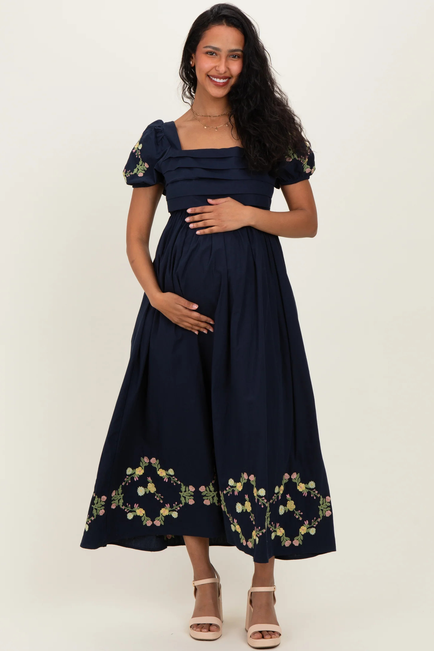 Navy Embroidered Floral Pleated Bodice Maternity Maxi Dress | PinkBlush Maternity