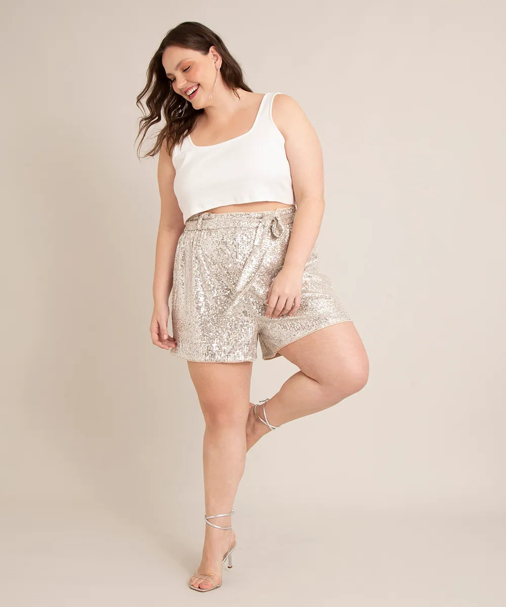 short clochard plus size cintura super alta de paetês com faixa para amarrar prateado | C&A (BR)