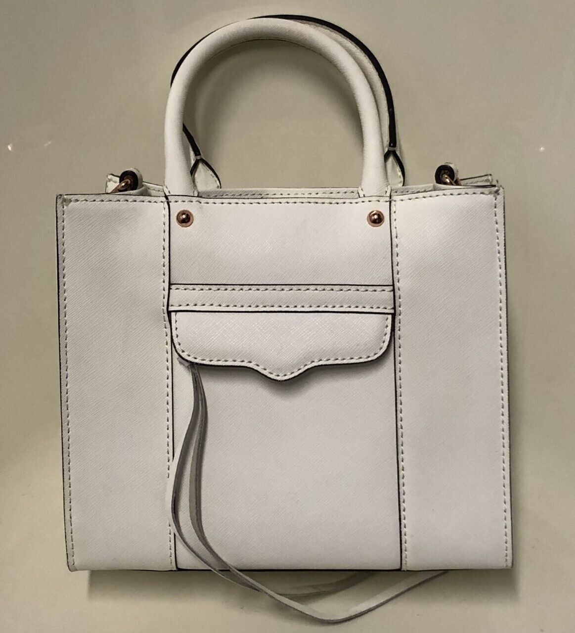 Rebecca Minkoff MAB White Saffiano Leather Mini CrossBody Tote Bag with strap | eBay AU