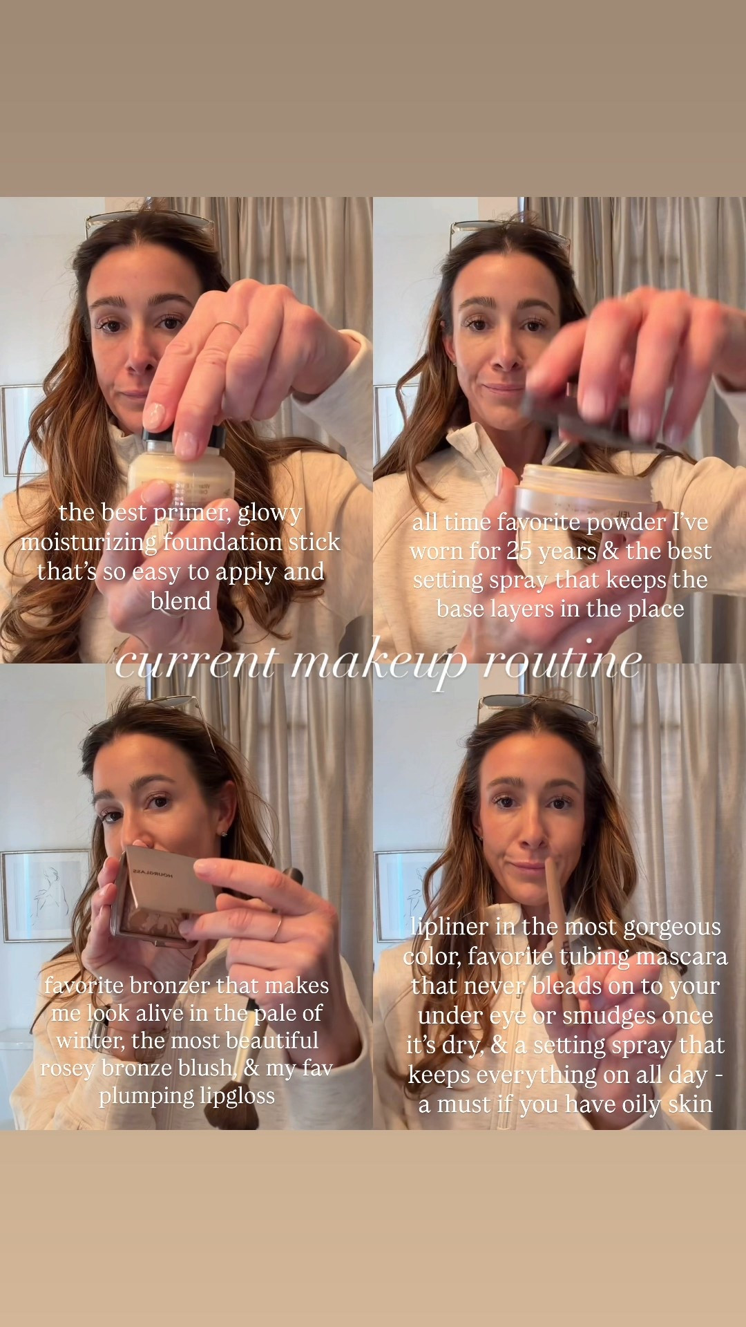 My makeup routine 
1.bobbi brown primer 
2. Charlotte tilbury foundation stick - so moisturizing and easy to blend in. Can blend in with fingers or use a brush. I love the merit brush for this 
3. A mixture of my bare mineral powder I’ve used for at least 15years and the hourglass translucent mineral veil 
4. Spray with Charlotte tilbury setting spray. 
5. hourglass bronzer  (this is also what I put on my eyes as eye shadow just to give me some color. 
6. Chanel rose bronze blush 
7. Buxom plump shot clear lip gloss
8. Then I go in with the rhode lip shape in color press
9. Merit tubing mascara that doesn’t bleed or smudge once dried 
10. Set it all with the Patrick star one size setting spray. I always spray this on my neck if I’m wearing anything with a collar or mock neck so my makeup won’t come off on it. This is a matte spray. I just ordered the illuminating one and will report back   

#LTKOver40 #LTKmorningroutine #LTKBeauty