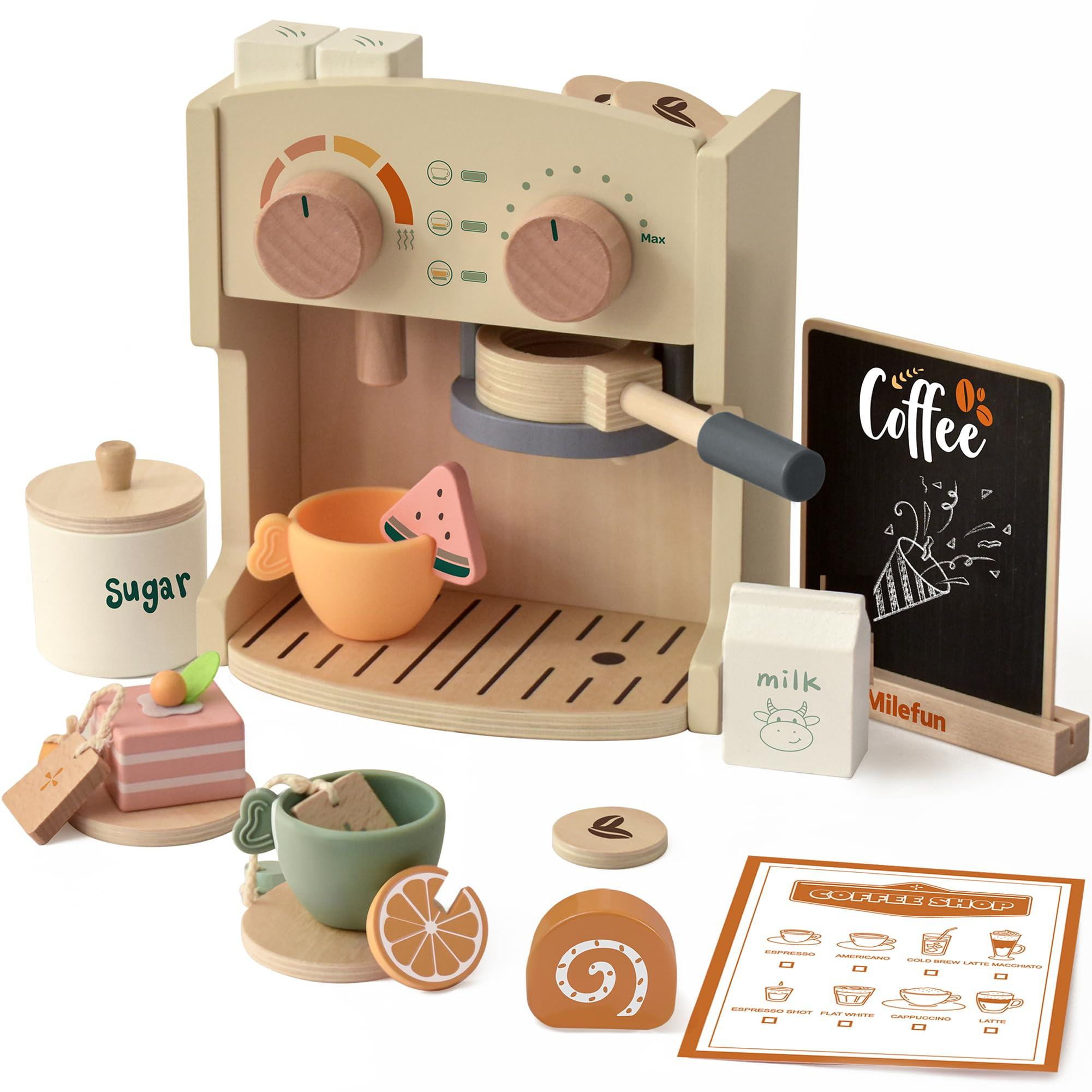MILEFUN Wooden Coffee Play Set - 22PCS Pretend Play Coffee Maker Toy for Kids Age 3-8, Montessori... | Amazon (US)