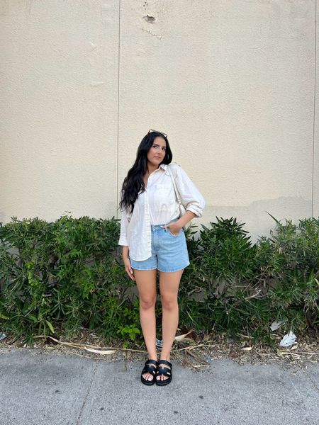 The perfect elevated basic outfit for these hot spring summer days. The linen button down keeps me fresh yet is a bit more covered up which I love sometimes. These light wash denim shorts are the perfect 4 inch length and I have been wearing these Hermes inspired sandals non stop. They’re so comfy and the perfect basic  

#LTKStyleTip #LTKSeasonal #LTKMidsize