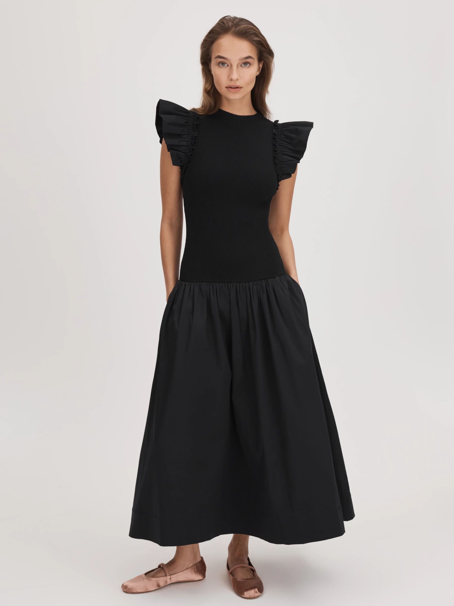 FLORERE Knit A Line Midi Dress, Black | John Lewis (UK)