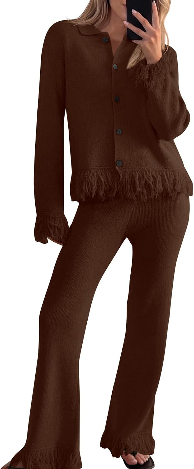 Saodimallsu Womens Fringe Button Up Sweater Sets 2 Piece Vacation Outfits | Amazon (US)