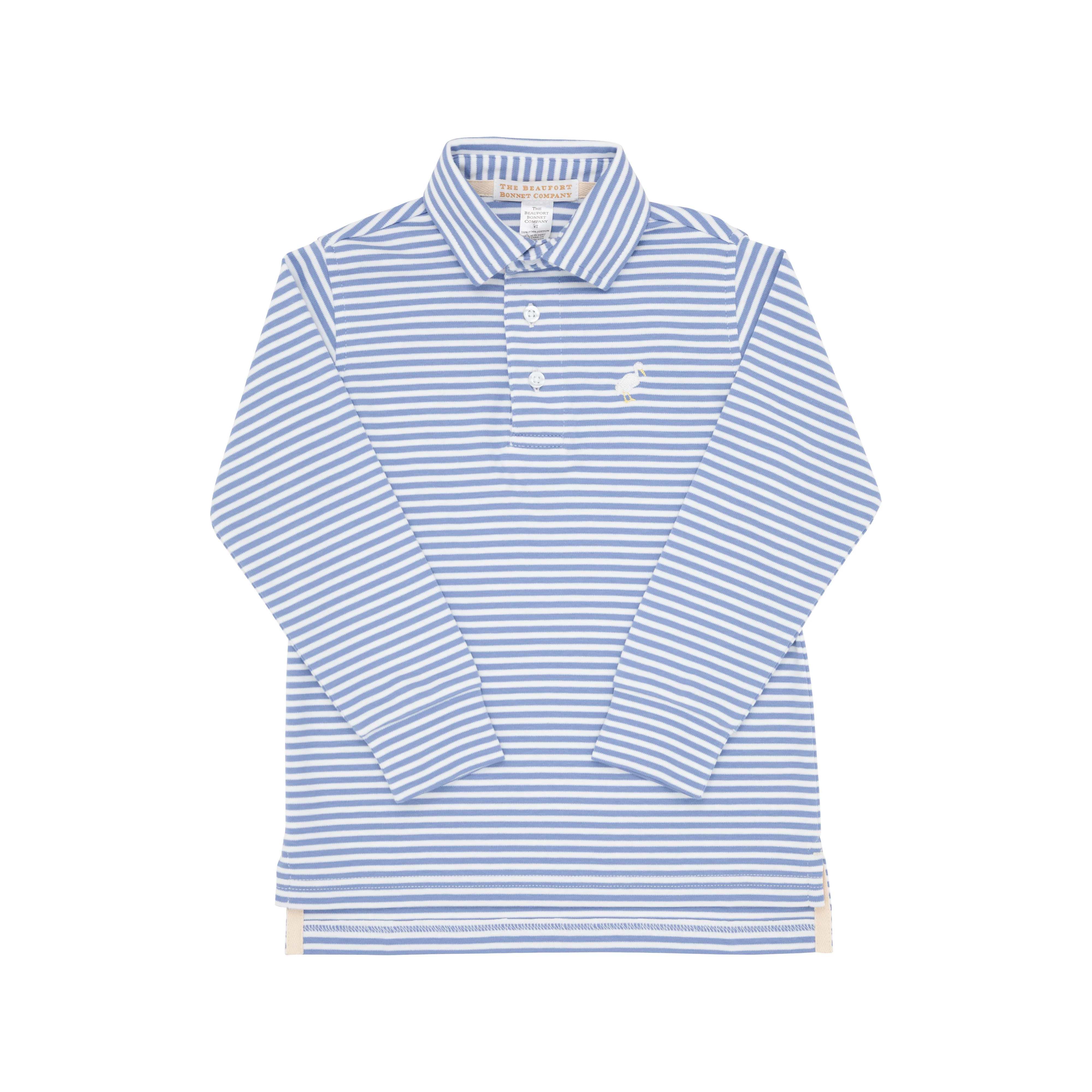 Long Sleeve Prim & Proper Polo & Onesie - Park City Periwinkle Stripe with Multicolor Stork | The Beaufort Bonnet Company