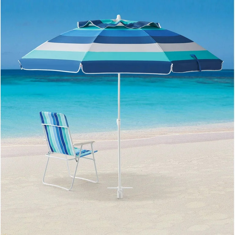 Mainstays 6' Blue Stripe Portable Beach Umbrella, UV Protection | Walmart (US)