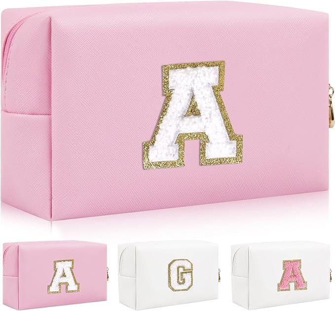 Personalized Initial Letter Patch Makeup Bag, Preppy Portable Chenille Letter Cosmetic Bag with Z... | Amazon (US)