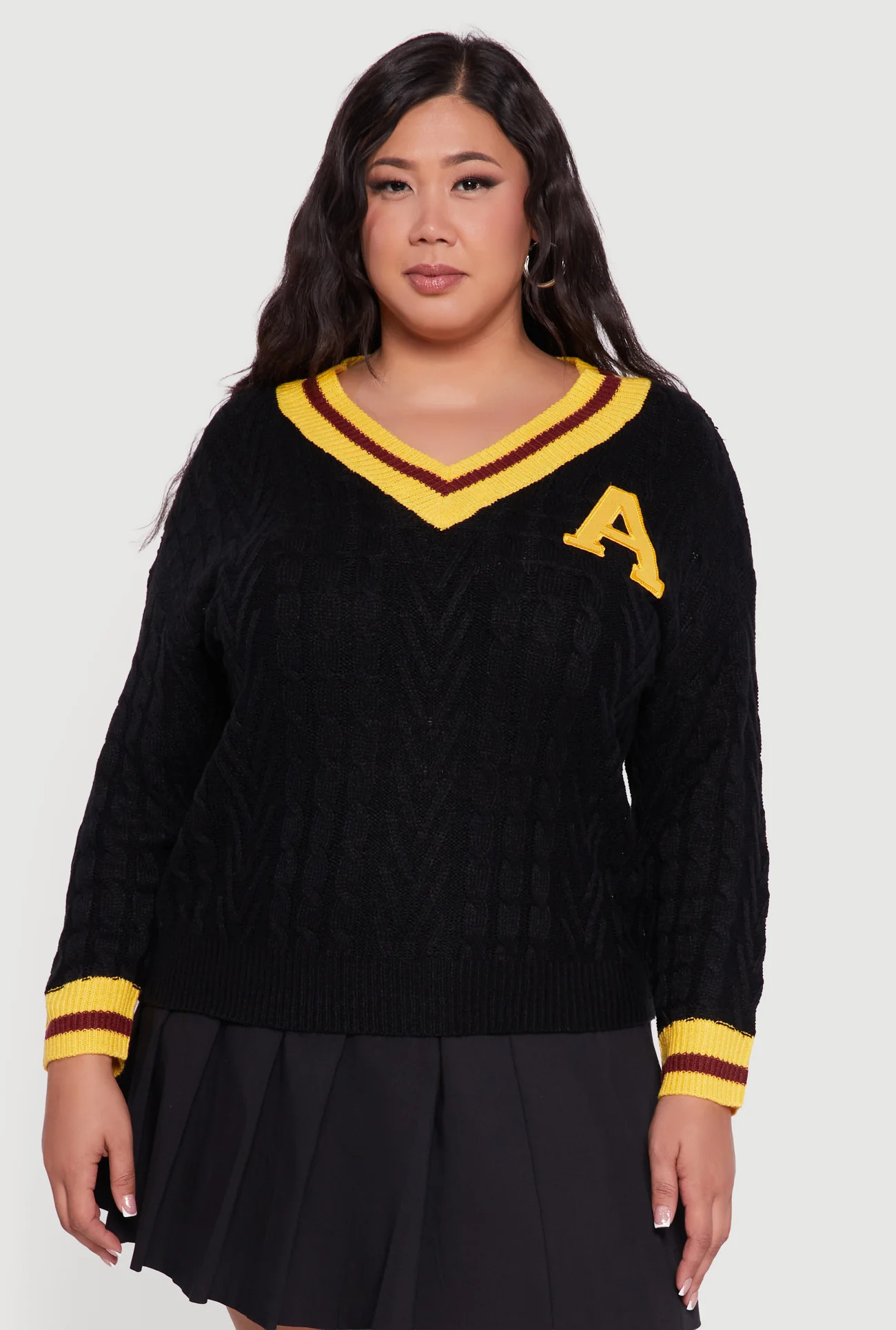 Plus Size Cable Knit Varsity Stripe Sweater | Rainbow Shops