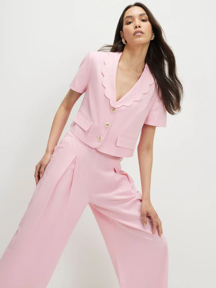 River Island Pink Scallop Collar Linen Blend Cropped Jacket | Next US
