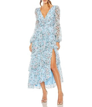 Floral Print V-Neck Long Sleeve Side Slit Tiered Ruffled Dress | Dillard's