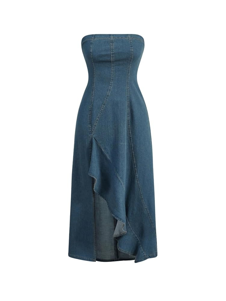 MakeMeChic Women's High Split Tube Denim Dress Sleeveless Ruffle Trim Midi A Line Dress | Amazon (US)
