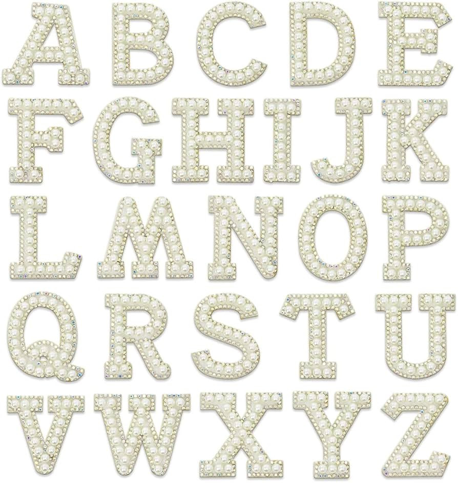 26 Pcs Rhinestone Pearl Iron on Letter Patches, A-Z Glitter Alphabet Patch for Clothes, Dress, Hat, Jeans, Shoes Bags, DIY Supplies, Pearl. | Amazon (US)