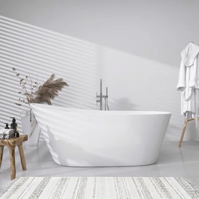 Acrylic Freestanding White Soaking Bathtub 67'' x 29.5'' Double Slipper Stand Alone Bathroom Tub with Side Drain | Wayfair North America