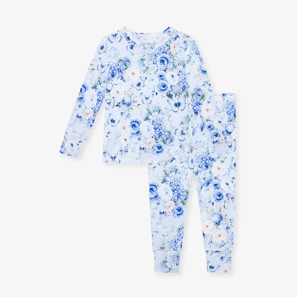 Floral Blue Long Sleeve Toddler Pajamas | Trista | Posh Peanut